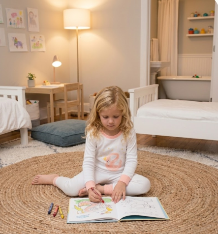 Girl in the Nene Kids Pink Swan pajama set colouring on a jute rug in her bedroom