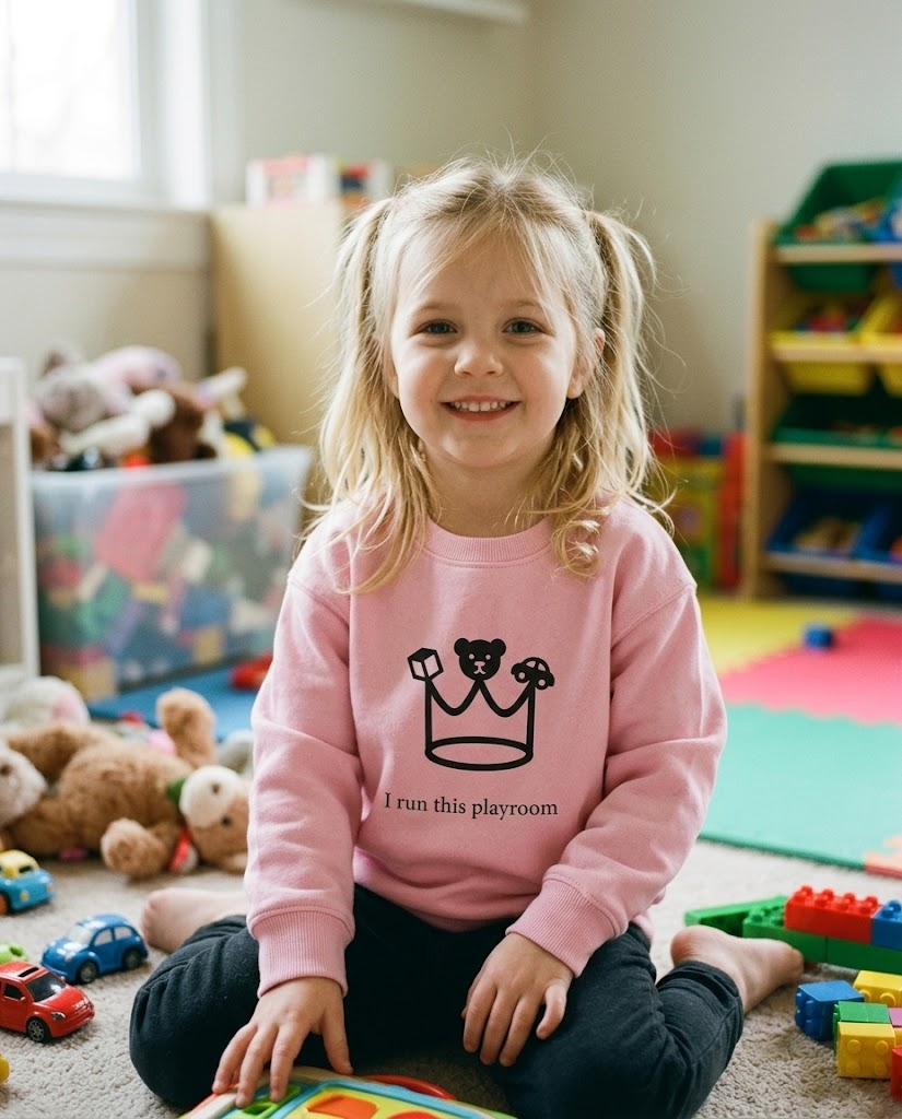 Girl wearing the pink playroom sweatshirt