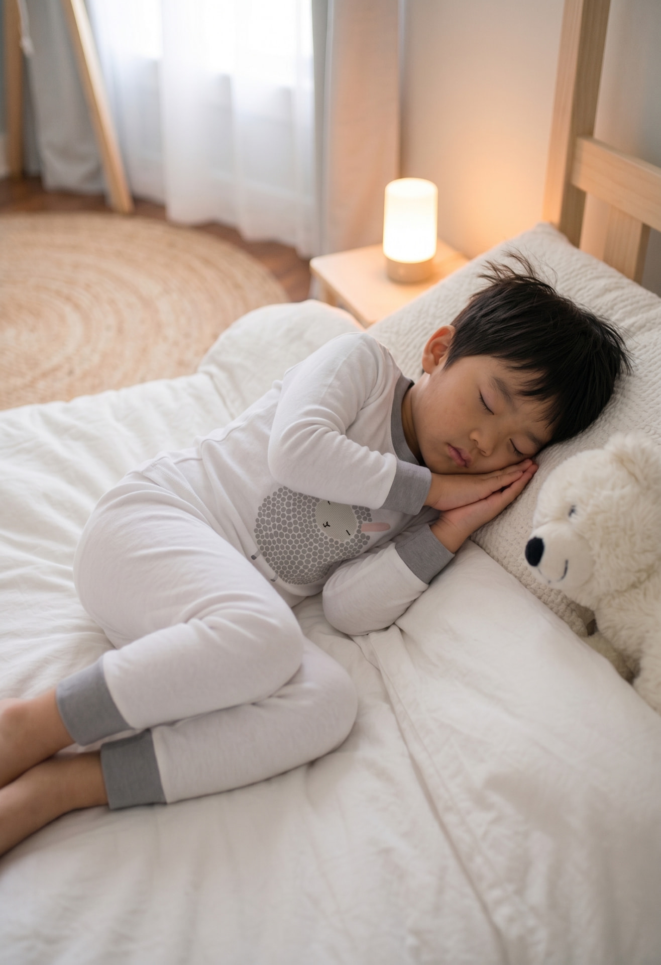 Child asleep in the Sleepy Lamb pajama set beside a teddy bear