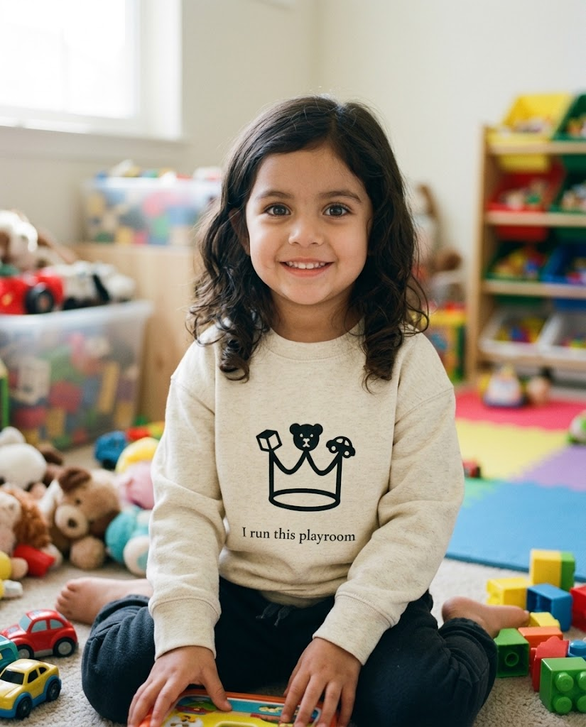 Kid in the Noah & She playroom sweatshirt