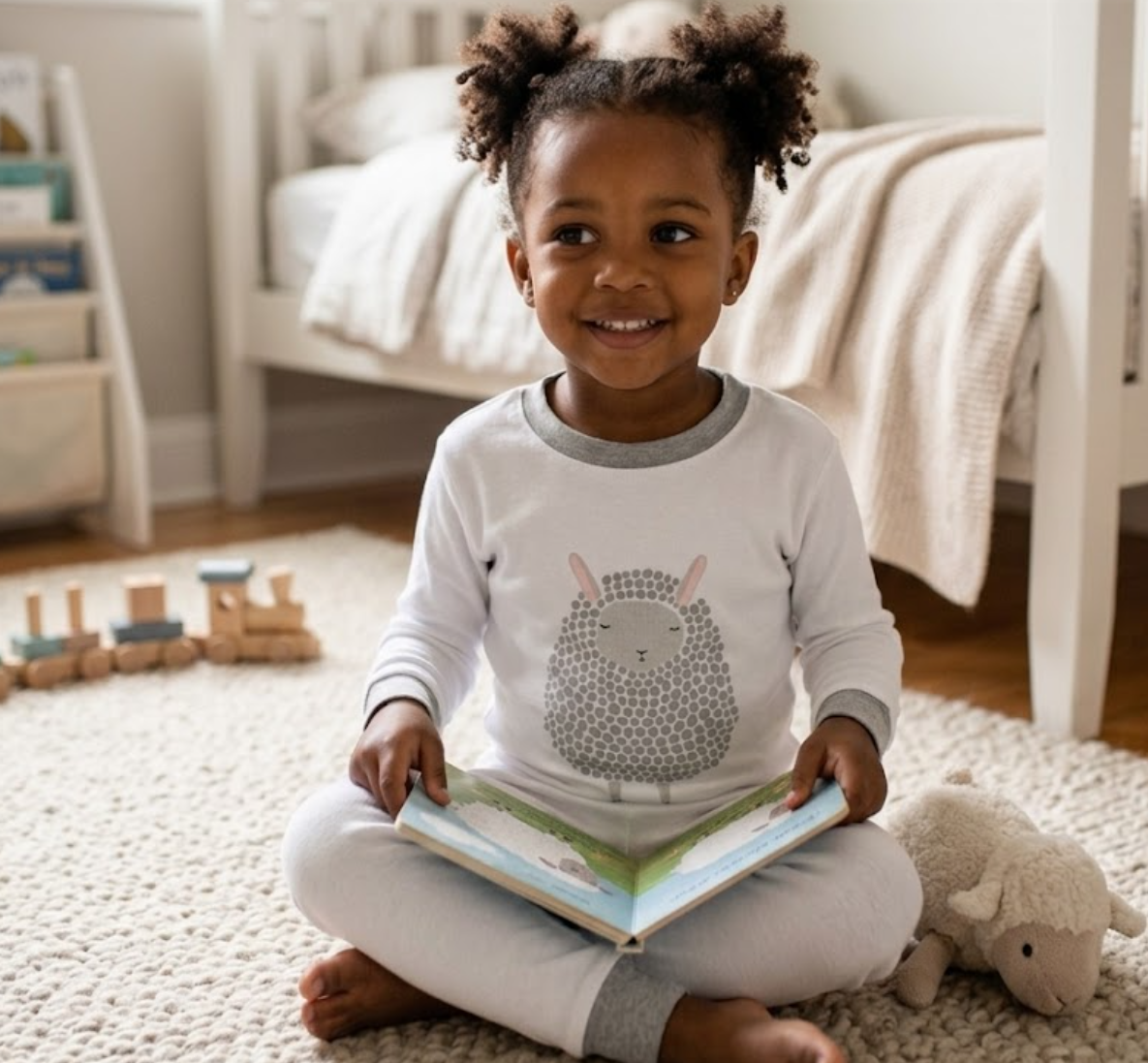 Little girl in the Nene Kids Lamb pajama set reading a picture book on a rug