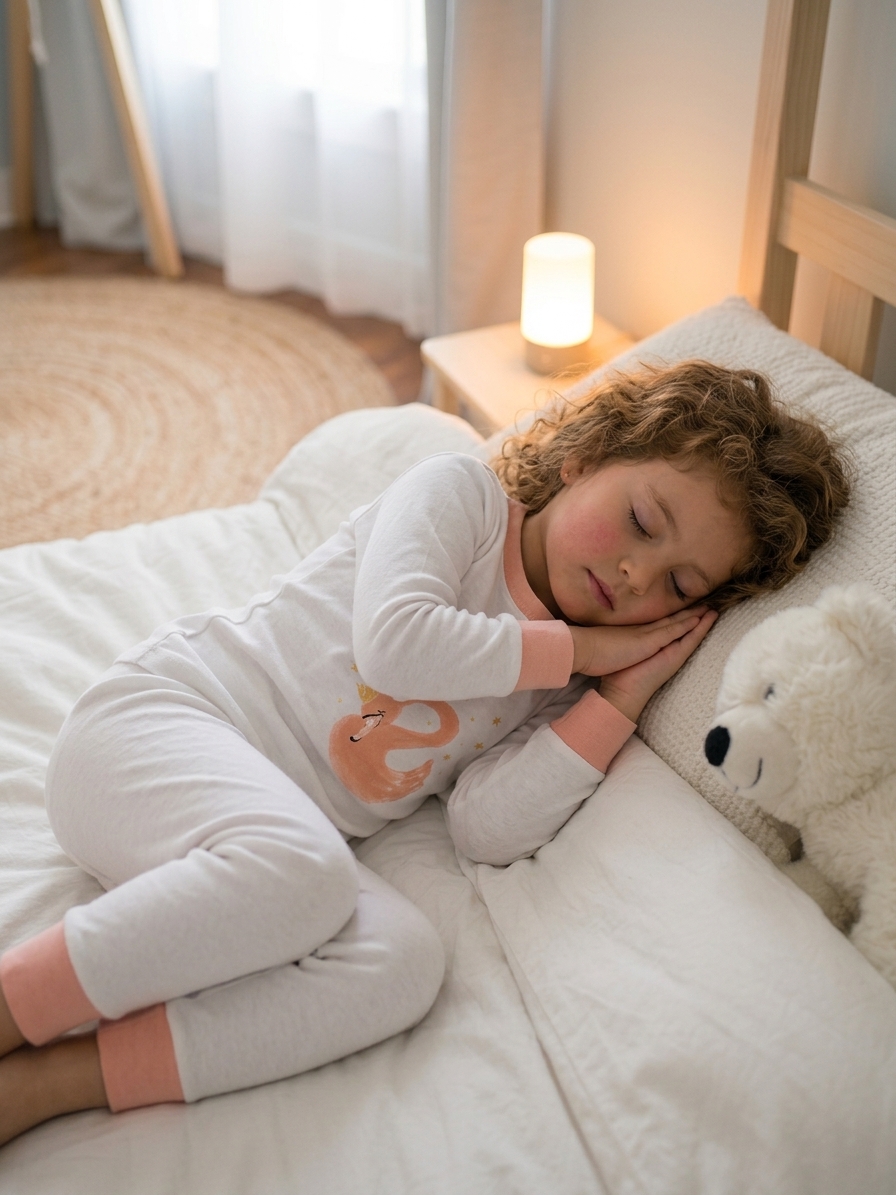 Little girl asleep in the Nene Kids Elegant Swan pajama set beside a teddy bear