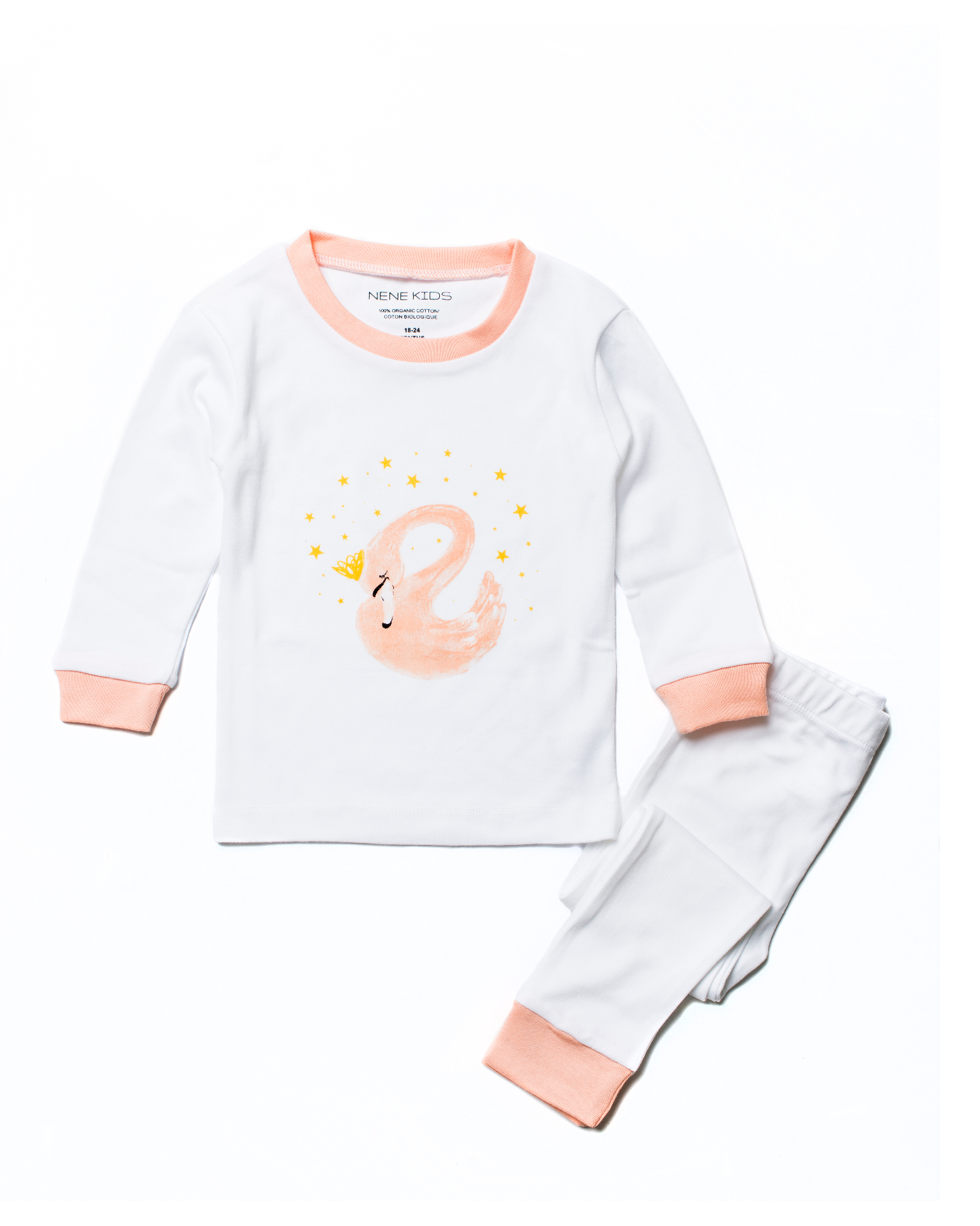 Nene Kids Pink Swan pajama set, long-sleeve top and pants with peach trim